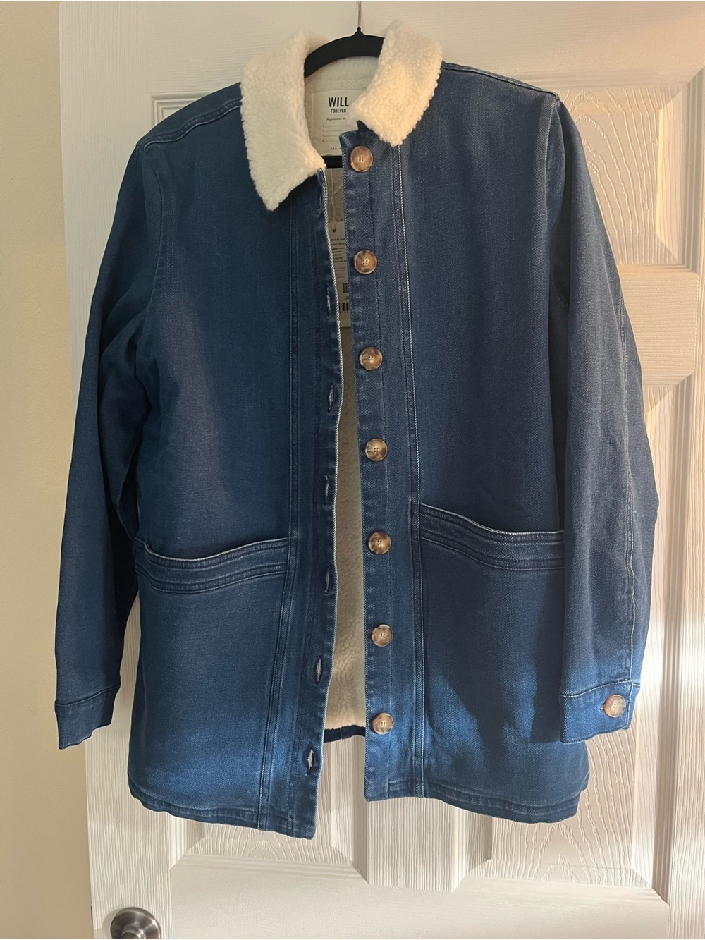 NWT Sezane Navy Denim Jacket with Cream Sherpa Collar